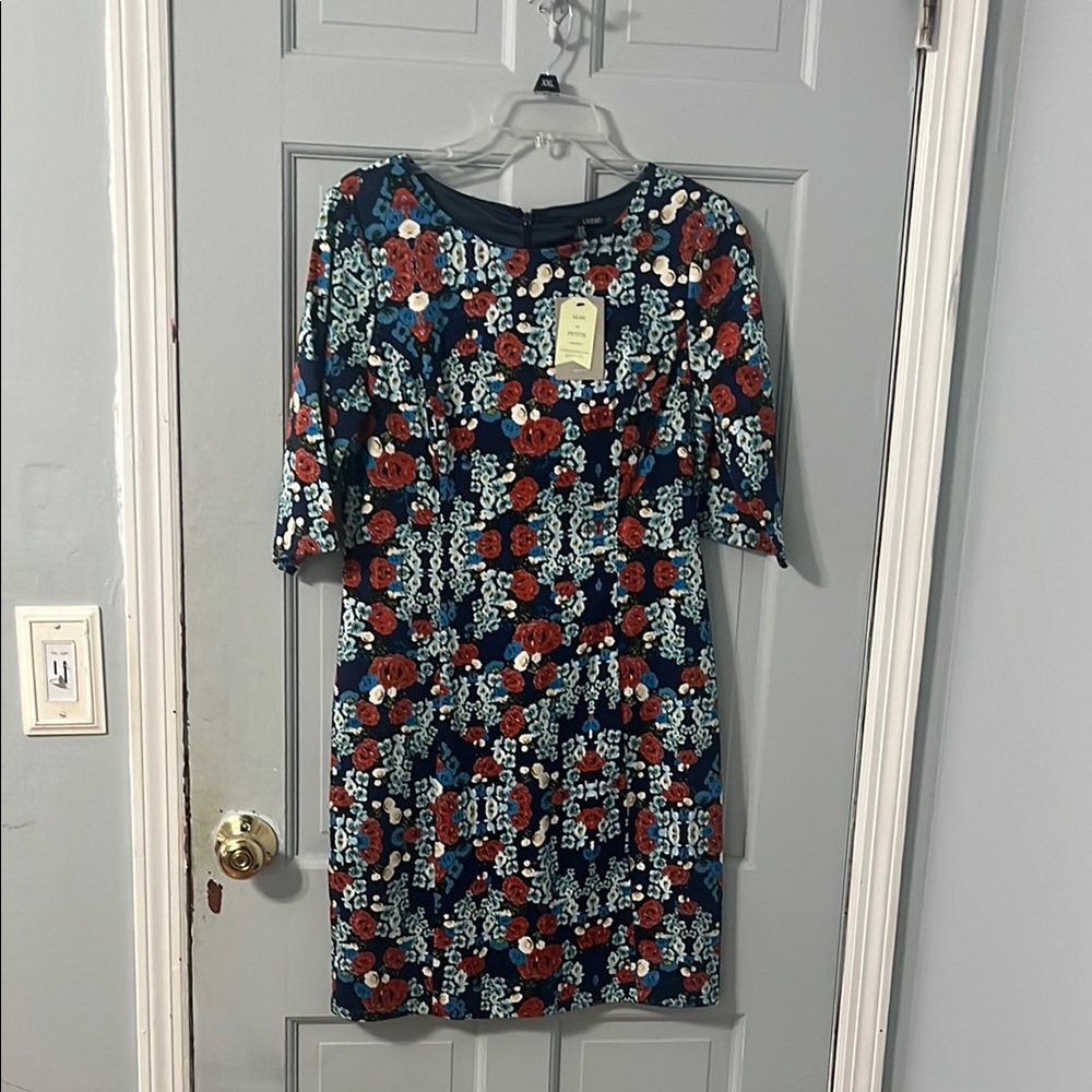 Anthropologie Sheath Dress Blue and Red Midi